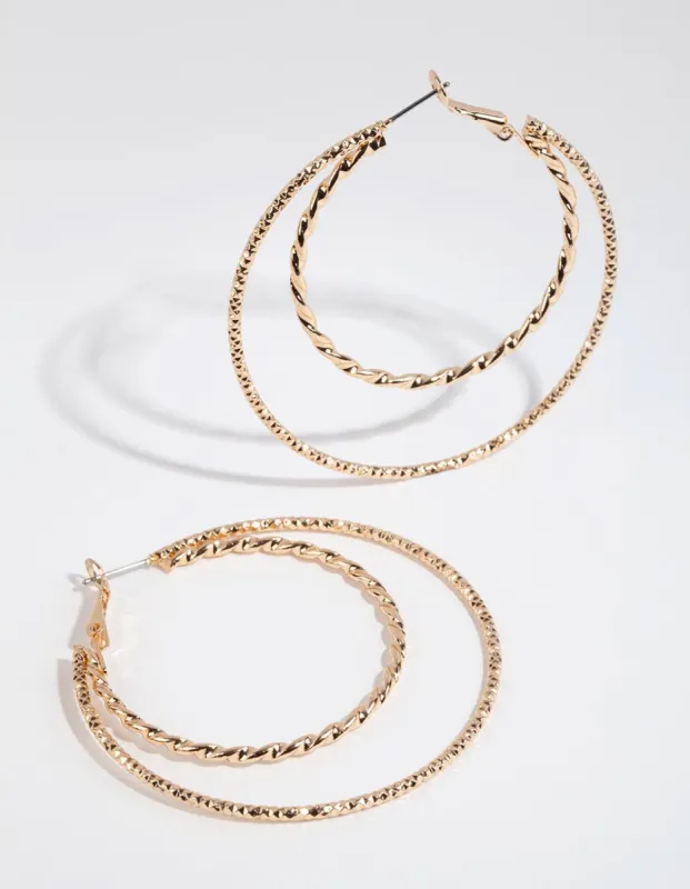 Gold Diamond Cut Double Row Hoop Earrings sold by lovisa