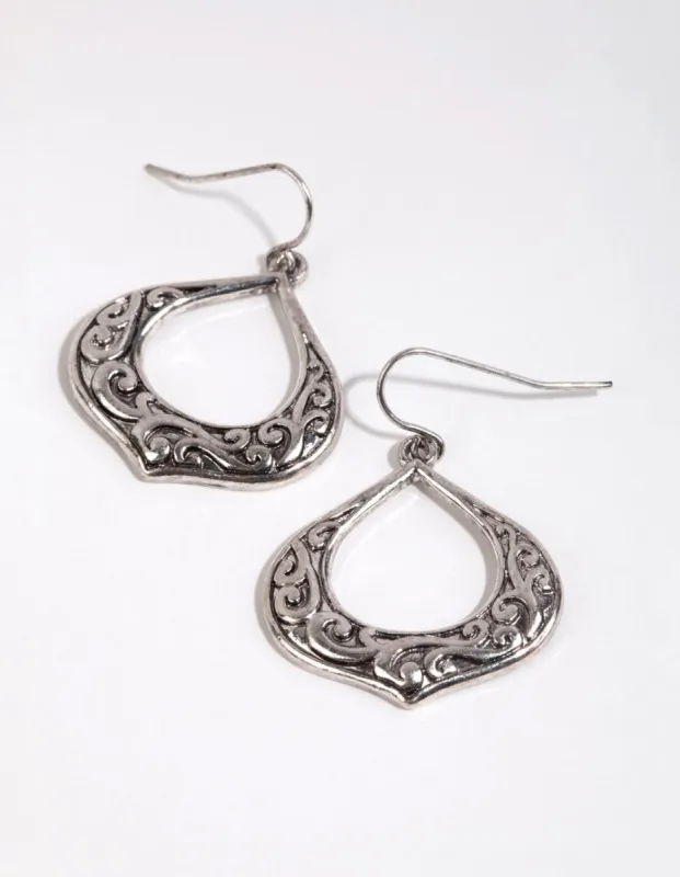 Antique Silver Swirled Detail Teardrop Earrings sold by lovisa