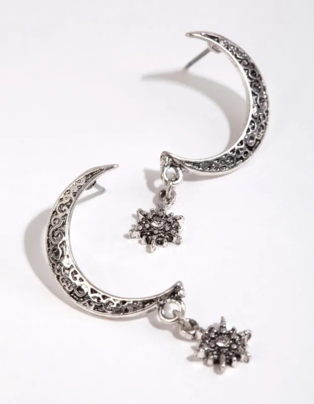 Antique Silver Filigree Moon Stud Earrings sold by lovisa