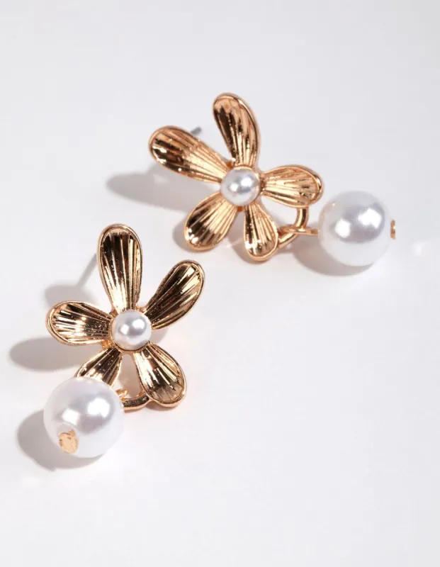 Gold Flower Pearl Drop Stud Earrings sold by lovisa
