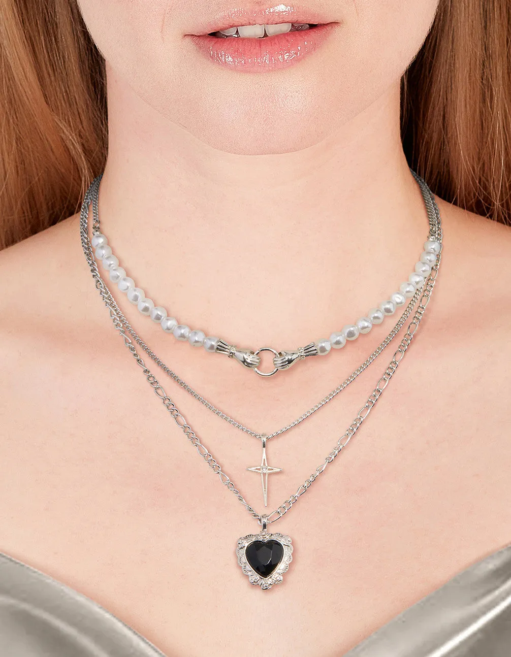 Rhodium Pearl Heart Star Layered Necklace sold by lovisa product image thumbnail 2