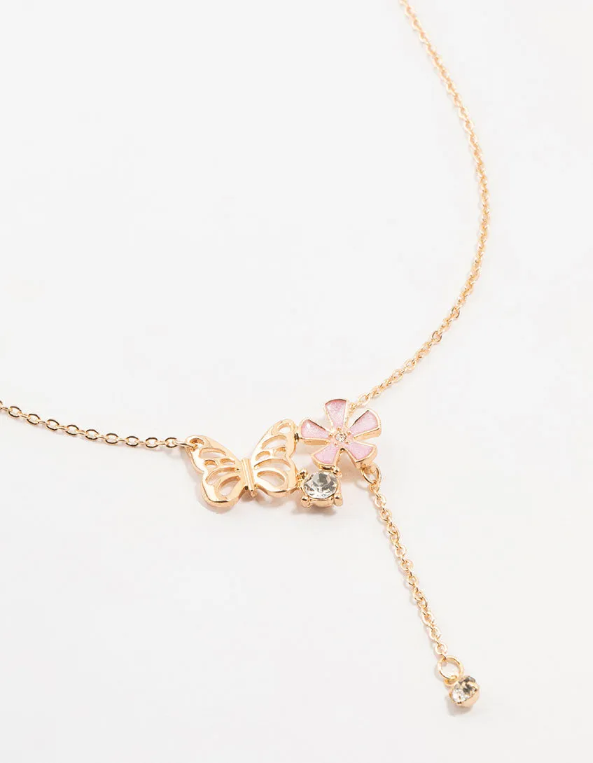 Gold Butterfly Flower Diamante Drop Necklace sold by lovisa