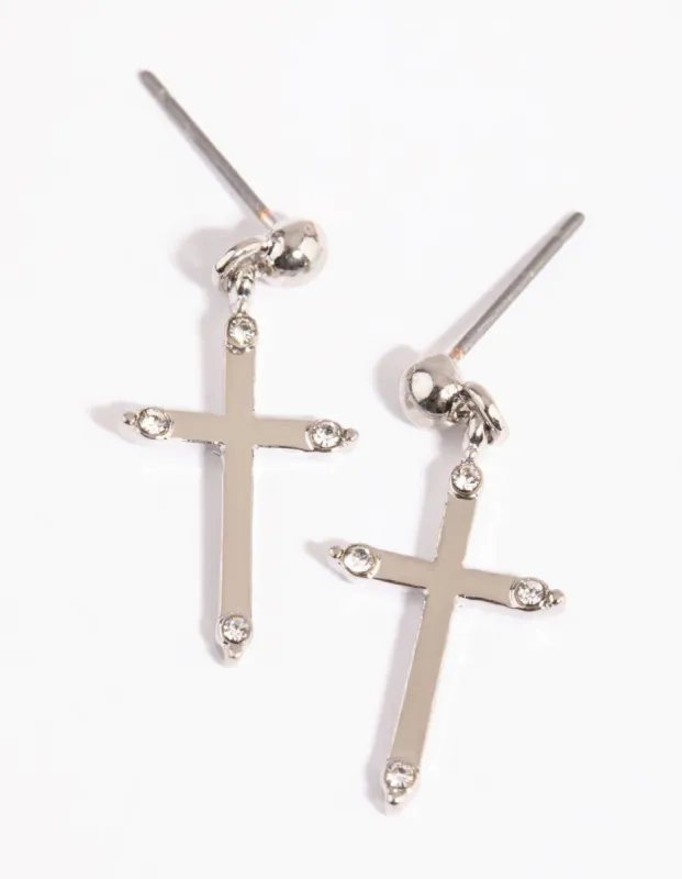 Rhodium Diamante Cross Stud Earrings sold by lovisa