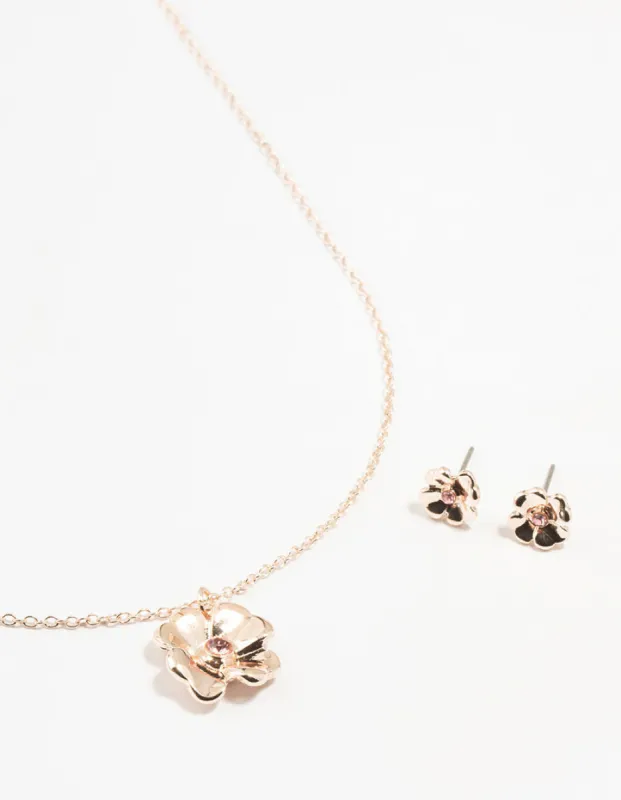 Rose Gold Diamante Flower Necklace & Stud Earrings Set sold by lovisa