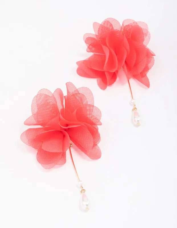 Red Fabric Flower Pearl Drop Earrings sold by lovisa