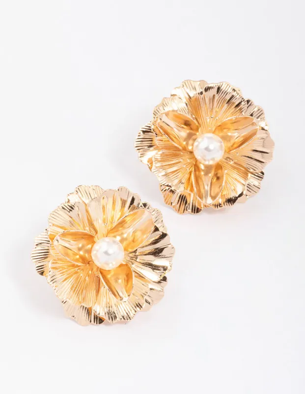 Gold Foil Pearl Flower Stud Earrings sold by lovisa