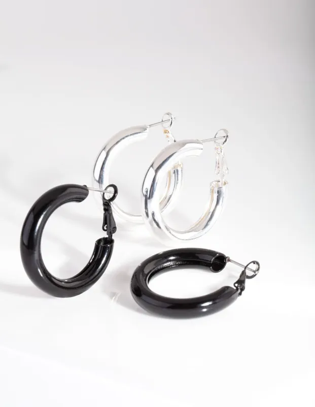Black Silver Hoop Earrings Duo sold by lovisa