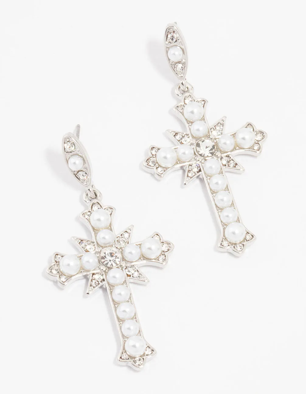 Rhodium Pearl Cross Drop Earrings sold by lovisa