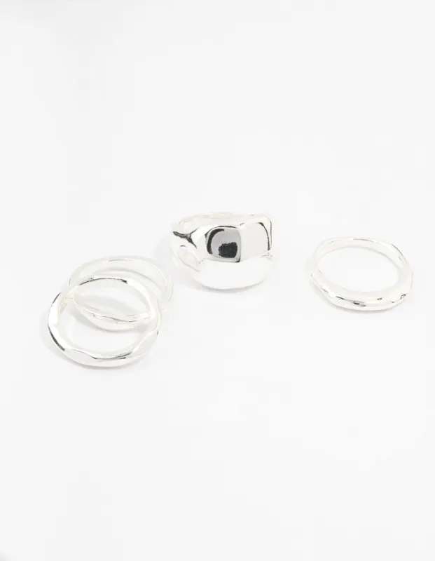 Silver Plated Bold Molten Rings 4-Pack sold by lovisa