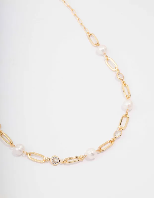 Gold Plated Alternating Cubic Zirconia & Pearl Link Short Necklace sold by lovisa