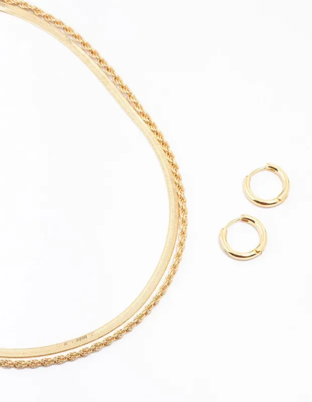 Gold Plated Twist & Snake Chain Necklace & Hoop Set sold by lovisa