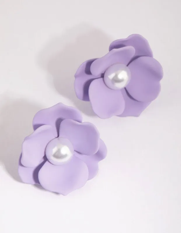 Matte Lilac Flower Pearl Stud Earrings sold by lovisa