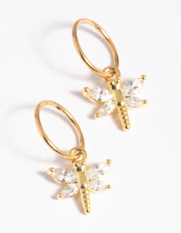 Gold Plated Surgical Steel Cubic Zirconia Dragonfly Hoop Earrings sold by lovisa