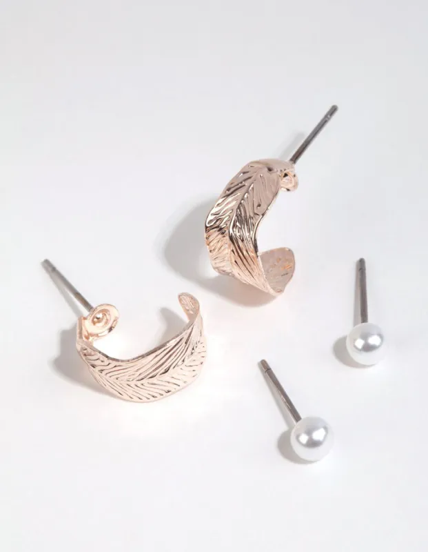 Rose Gold Pearl & Leaf Earring Pack sold by lovisa