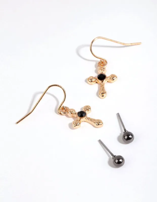 Black Ball & Cross Stud & Drop Earring Pack sold by lovisa