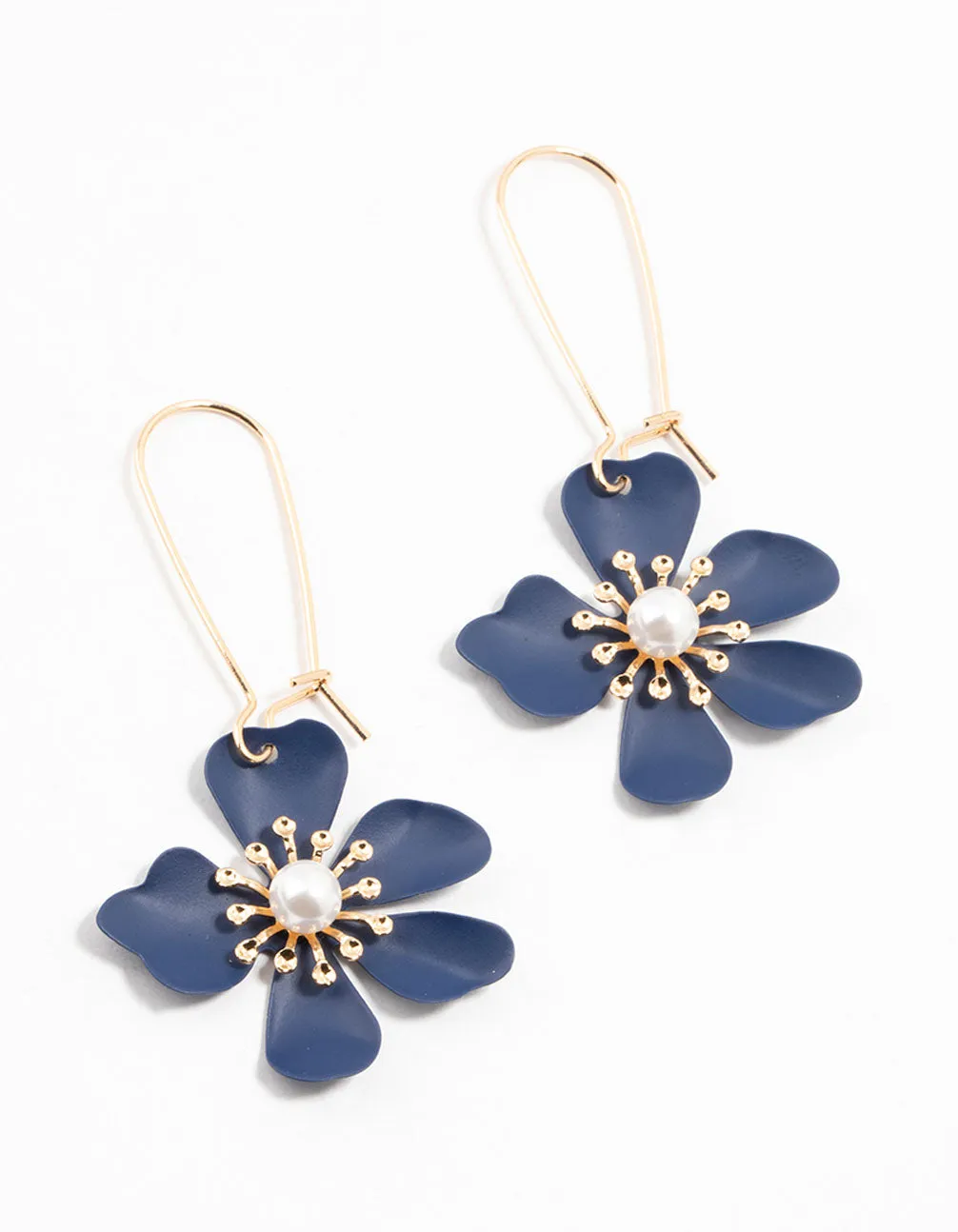 Gold Fish Hook Blue Pearl Flower Hoop Earrings sold by lovisa