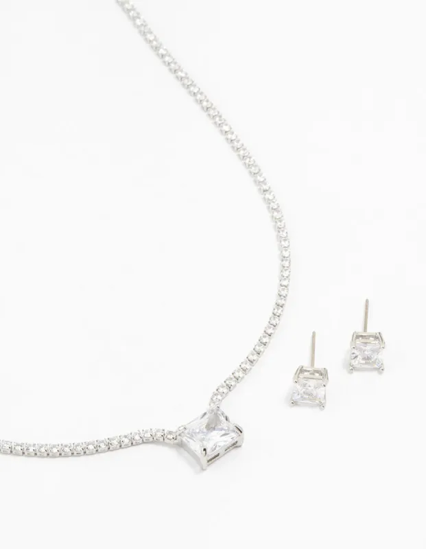 Square Rhodium Cubic Zirconia Necklace & Stud Earrings Pack sold by lovisa
