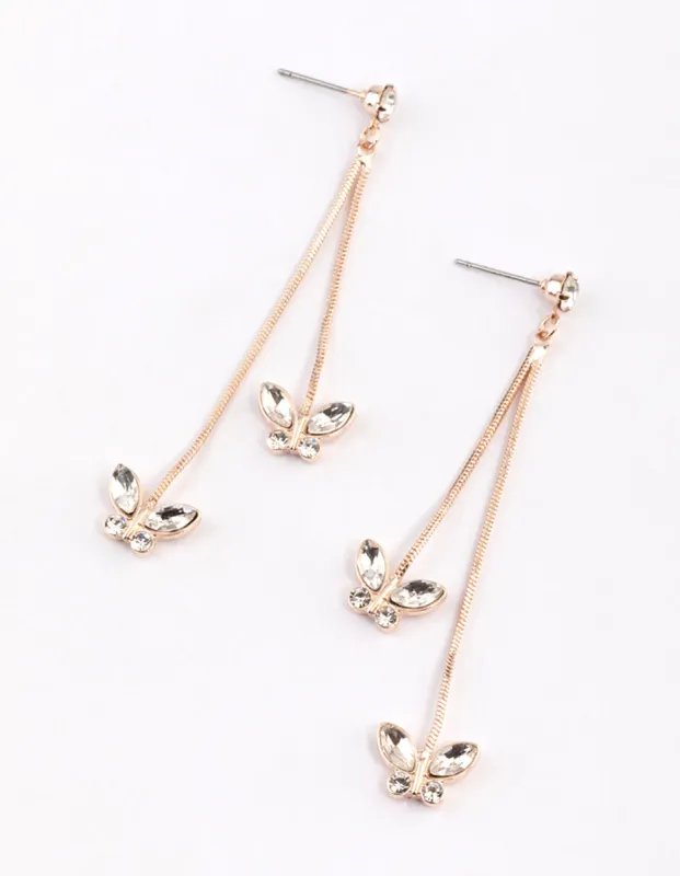 Rose Gold Diamante Butterfly Long Drop Earrings sold by lovisa