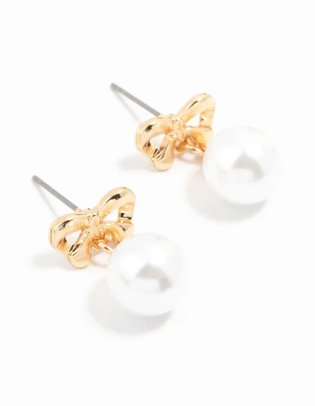 Gold  Pearl Drop Bow Stud Earrings sold by lovisa