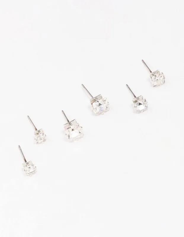 Silver Diamante Square Stud Earring 3-Pack sold by lovisa