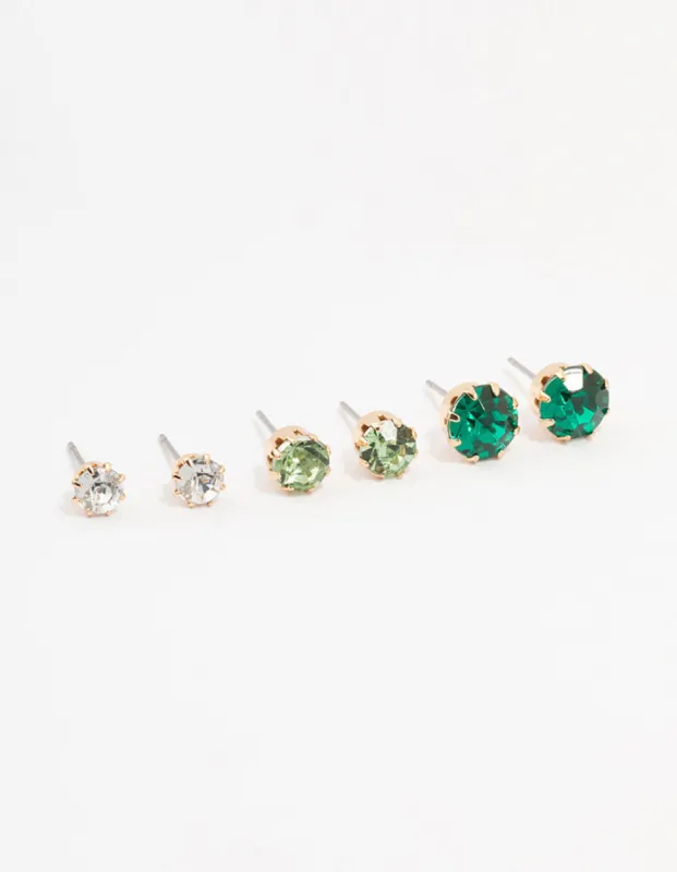 Gold Green Multi Diamante Stud Earrings 3-Pack sold by lovisa