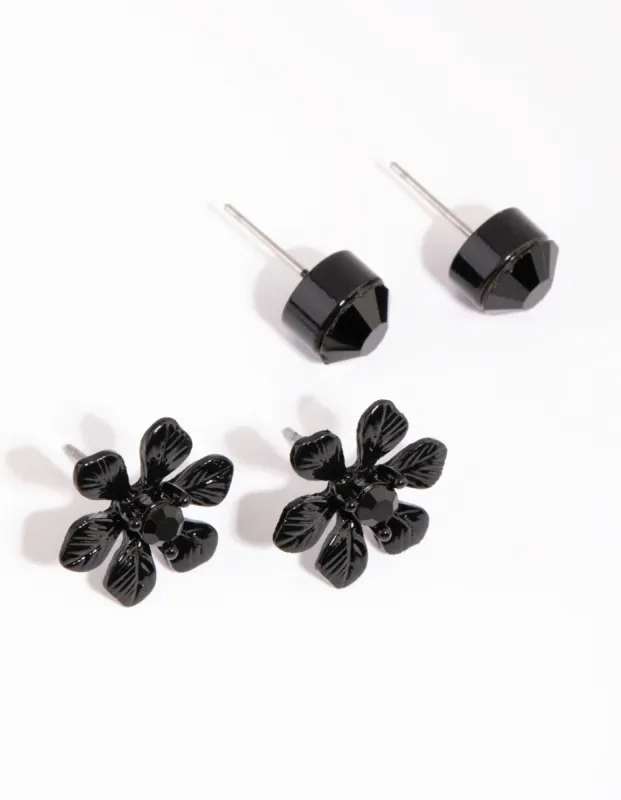 Black Diamante & Flower Stud Earring Set sold by lovisa