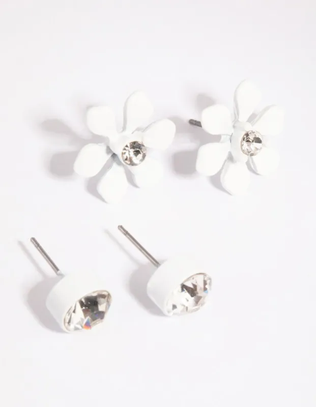 Matte White Diamante Stud & Flower Earring Set sold by lovisa