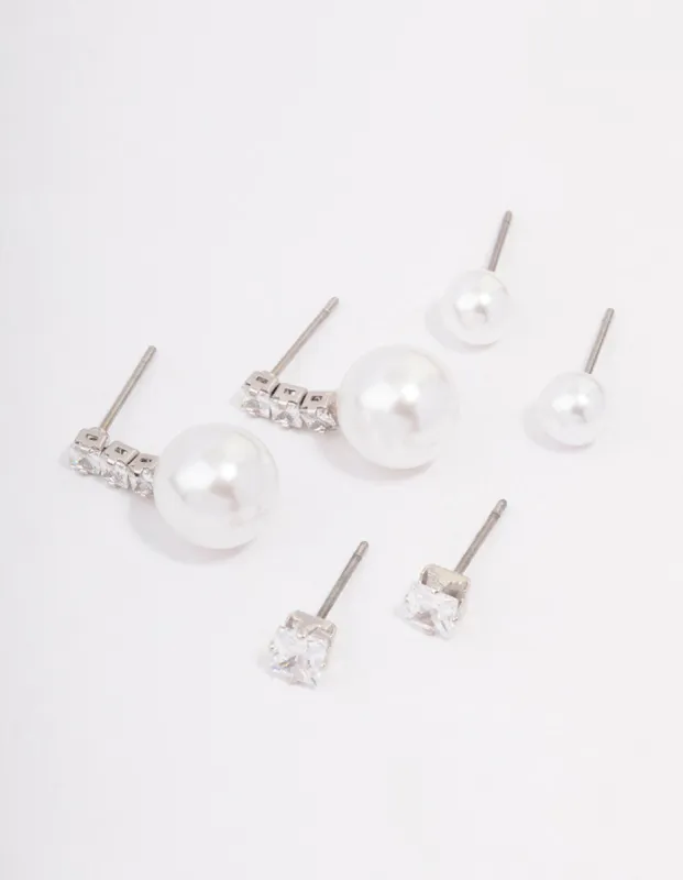 Rhodium Cubic Zirconia & Pearl Stud Earring 3-Pack sold by lovisa