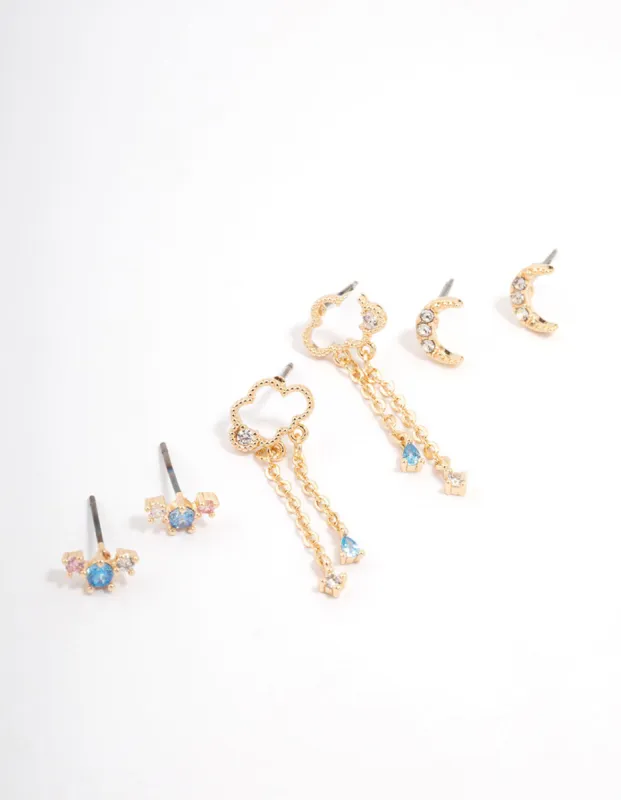 Gold Cubic Zirconia Moon & Star Mixed Earring 3-Pack sold by lovisa