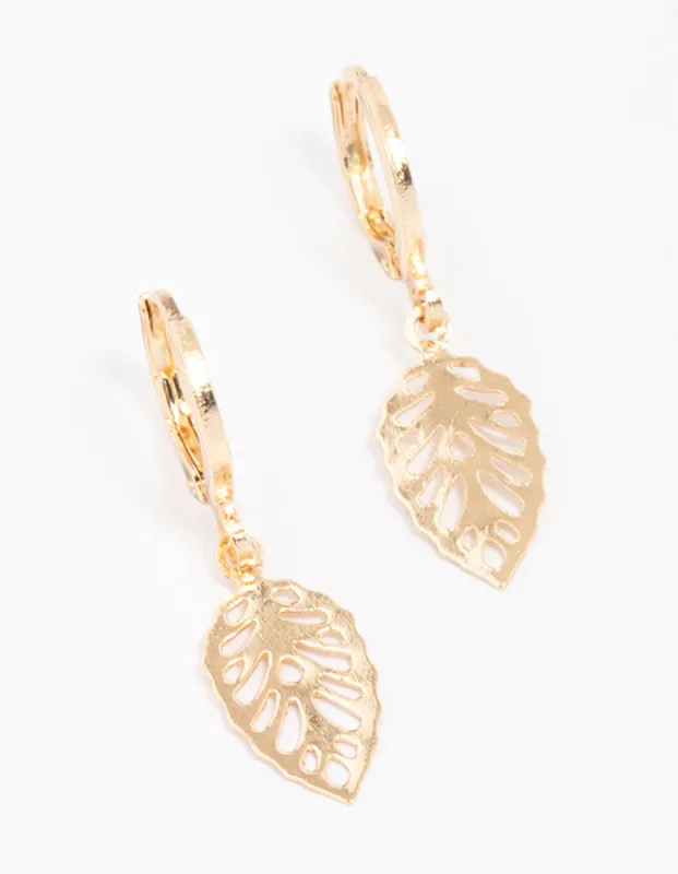 Gold Cut-Out Leaf Huggie Hoop Earrings sold by lovisa