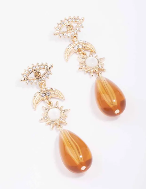 Gold Mixed Celestial & Beaded Teardrop Earrings sold by lovisa