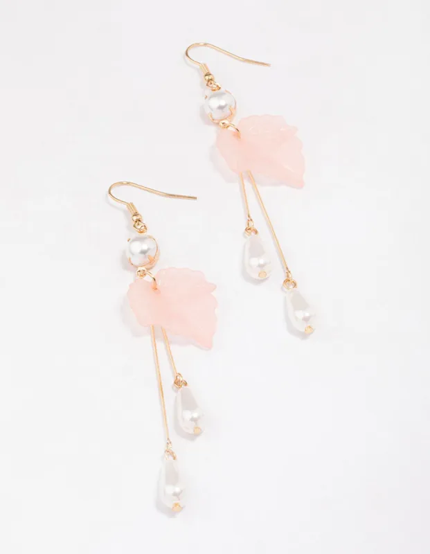 Gold Pearl & Leaf Drop Earrings sold by lovisa