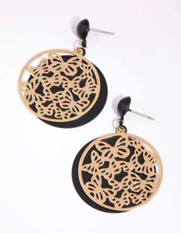 Gold Butterfly & Matte Black Disc Earrings sold by lovisa