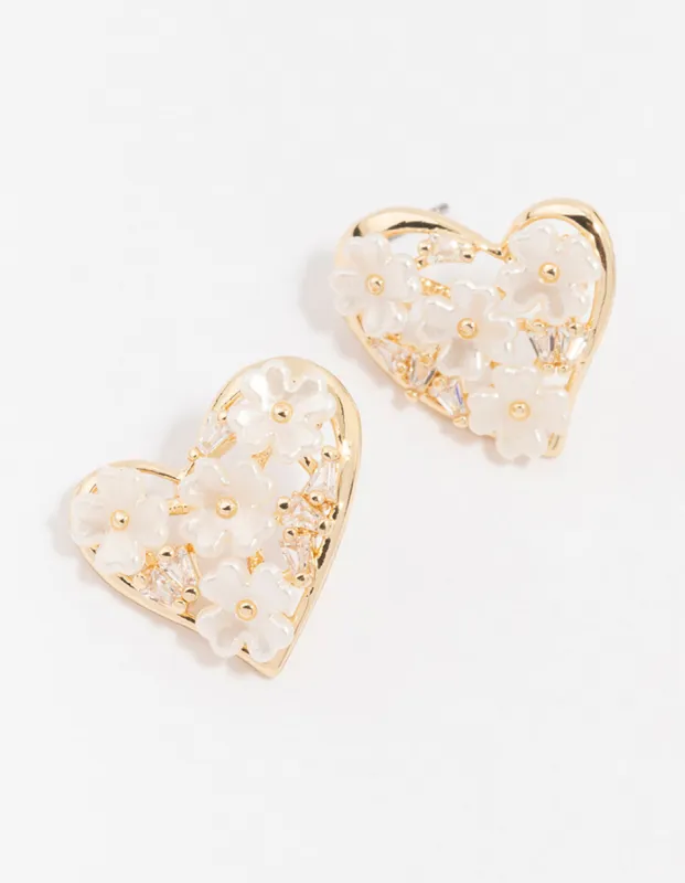 Gold Cubic Zirconia Flower Heart Stud Earrings sold by lovisa