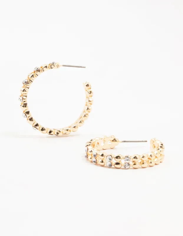 Gold Double Diamante Stapled Hoop Earrings sold by lovisa