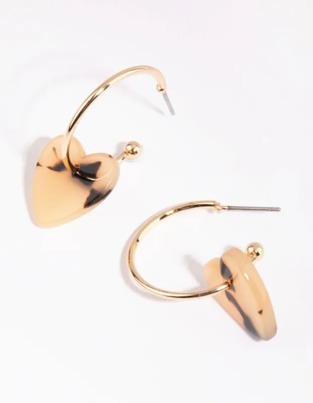 Gold Tortoiseshell Acrylic Heart Open Hoop Earrings sold by lovisa
