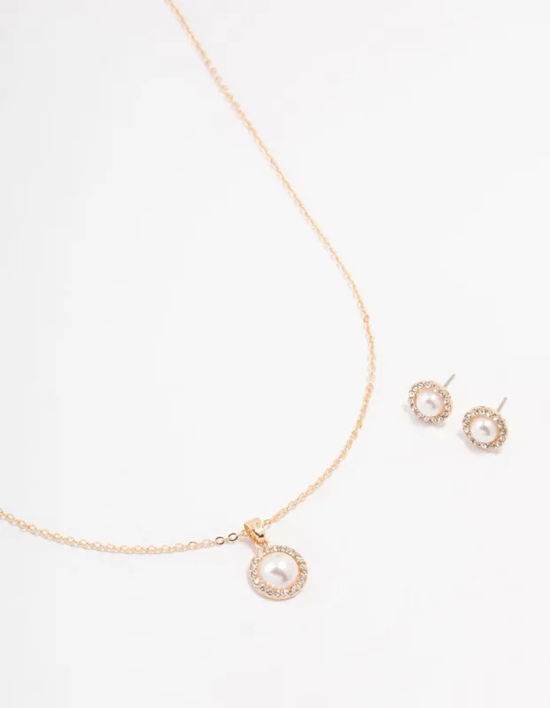 Gold Diamante & Pearl Halo Necklace & Stud Earrings Set sold by lovisa