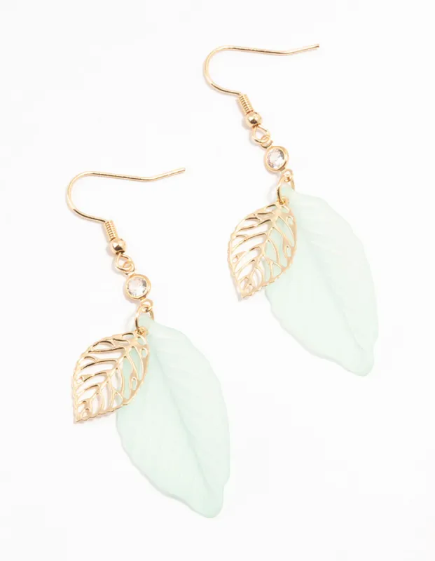 Gold Filigree Green Acrylic Leaf Drop Earrings sold by lovisa