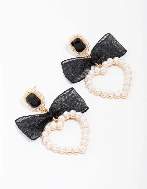 Gold Pearl Bow Heart Drop Earrings sold by lovisa
