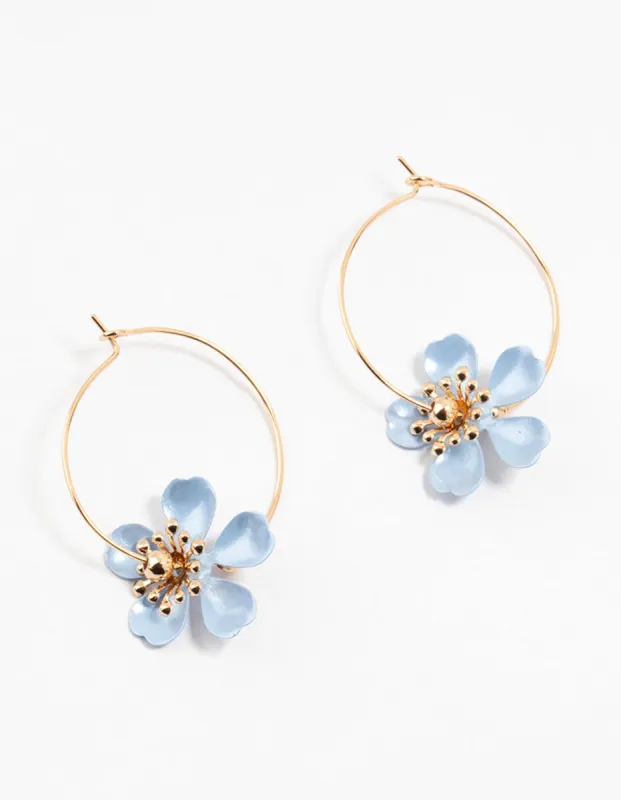 Gold Coated Blue Stapled Flower Hoop Earrings sold by lovisa