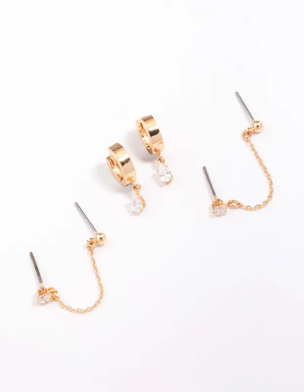 Gold Cubic Zirconia Chain Stud & Hoop Earring 3-Pack sold by lovisa