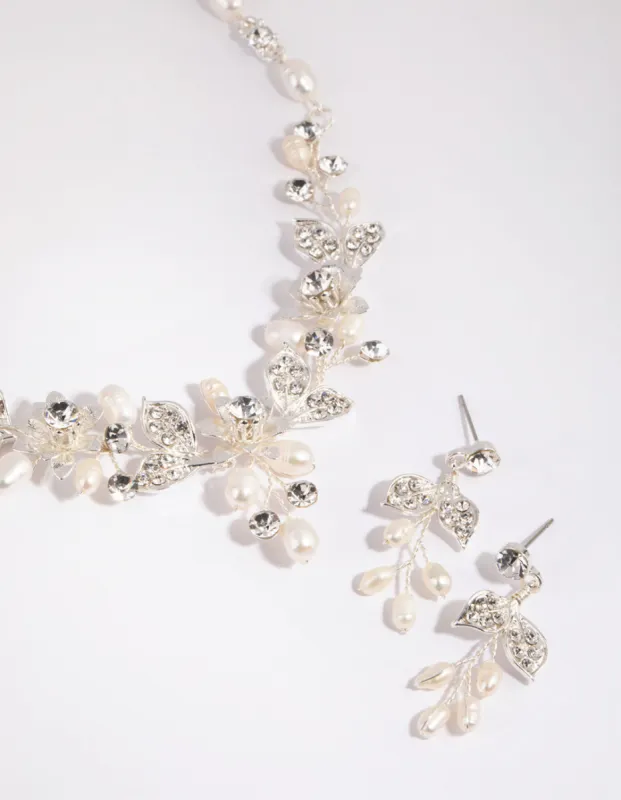 Silver Diamante & Pearl Wire Necklace & Earrings Set sold by lovisa