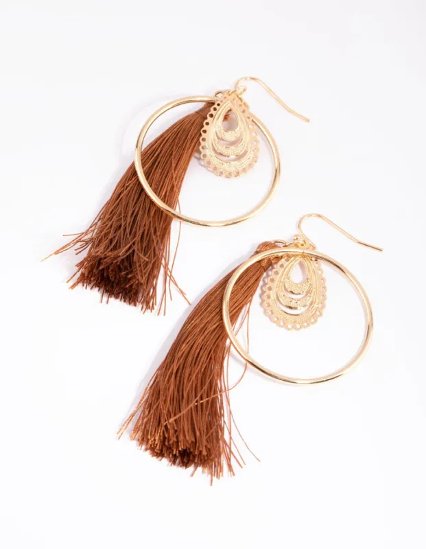 Gold Filigree & Tan Tassel Drop Earrings sold by lovisa