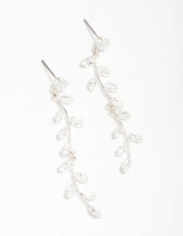 Silver Plated Long Swirling Cubic Zirconia Vine Drop Earrings sold by lovisa