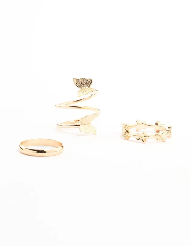 Gold Wrapped & Butterfly Rings 3-Pack sold by lovisa