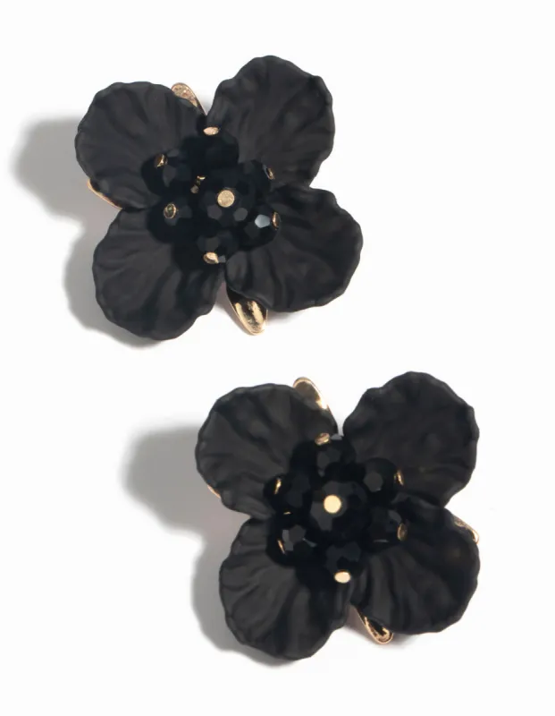 Black Pearlised Flower Stud Earrings sold by lovisa