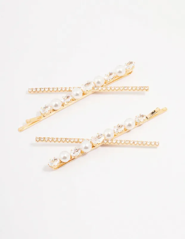 Gold Pearl & Crystal Cross Hair Clip 2-Pack sold by lovisa
