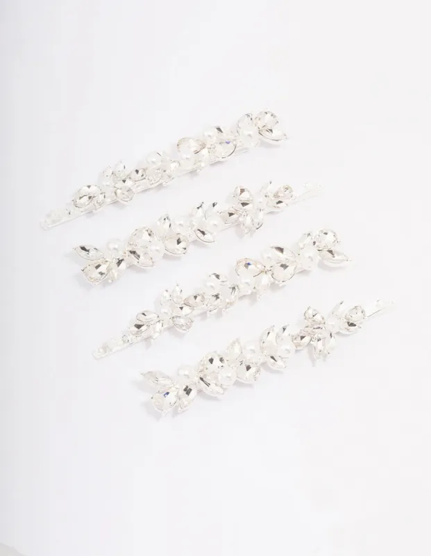 Silver Crystal & Pearl Leaf Hair Clip 4-Pack sold by lovisa