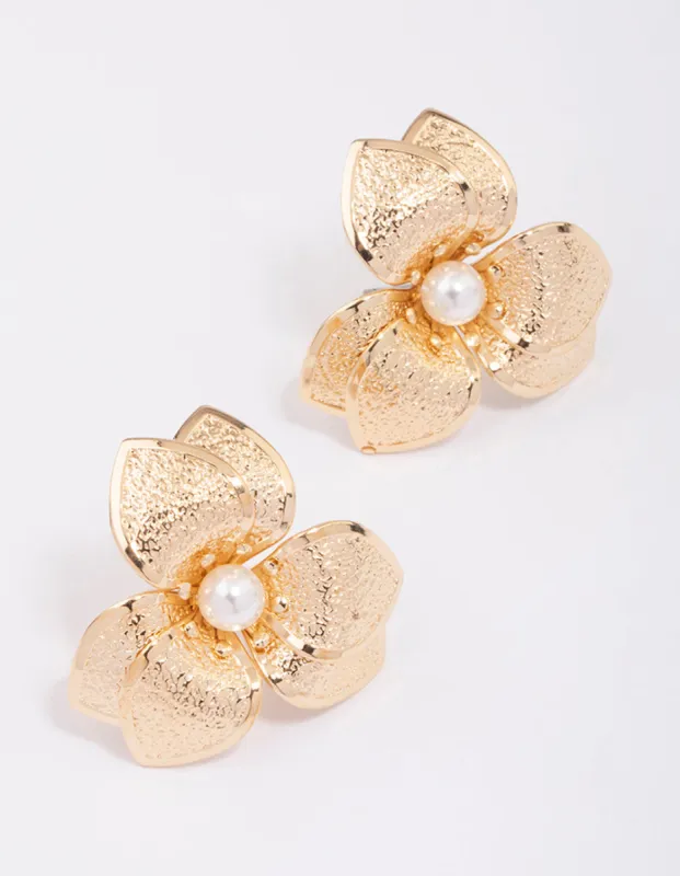 Gold Foiled Petal Pearl Stud Earrings sold by lovisa