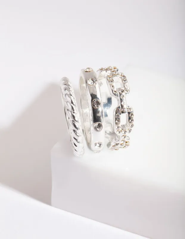 Silver Diamante Chain Ring Stack sold by lovisa
